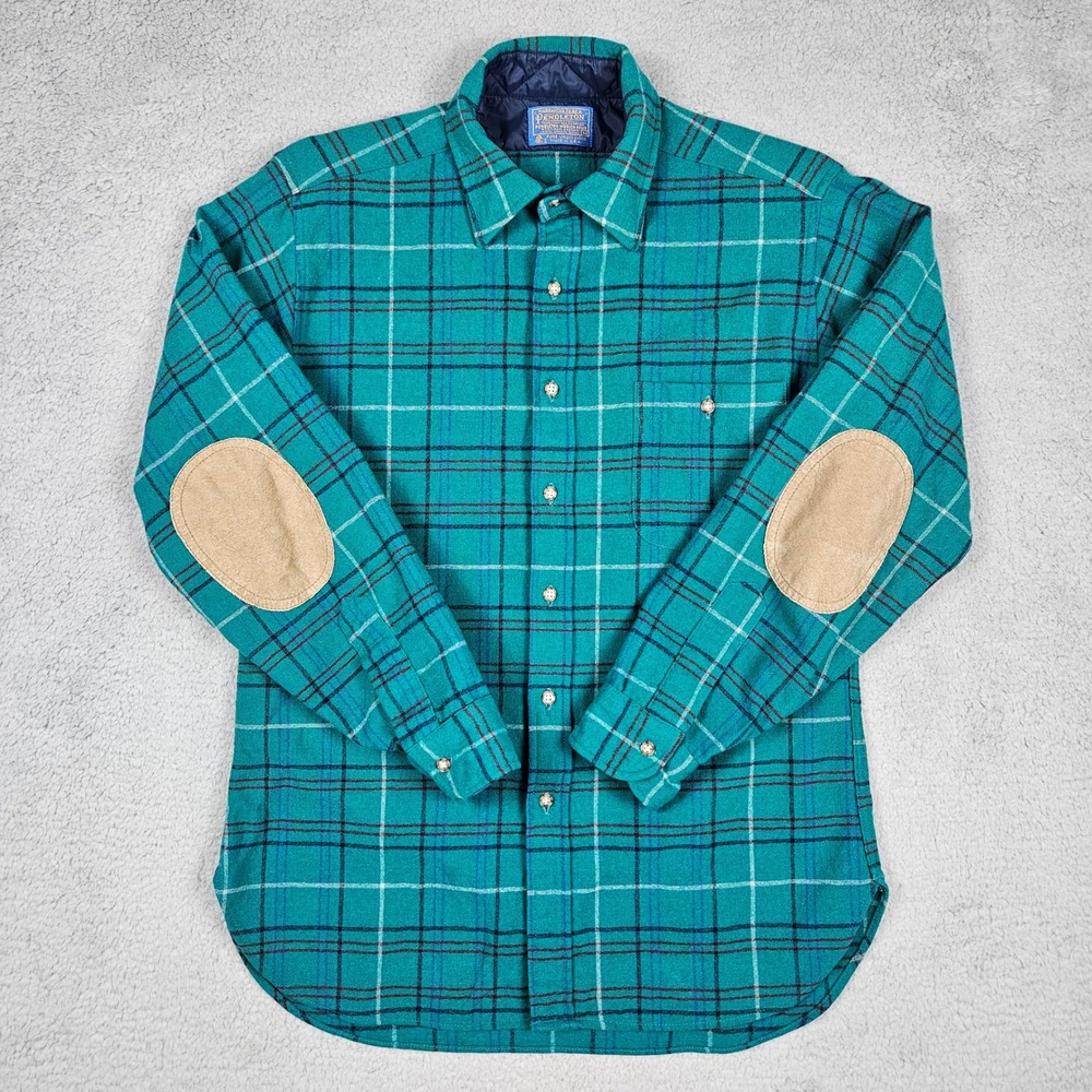 Vintage Pendleton Mens Medium Teal Wool Plaid Flannel Shirt Elbow Patch USA Made
